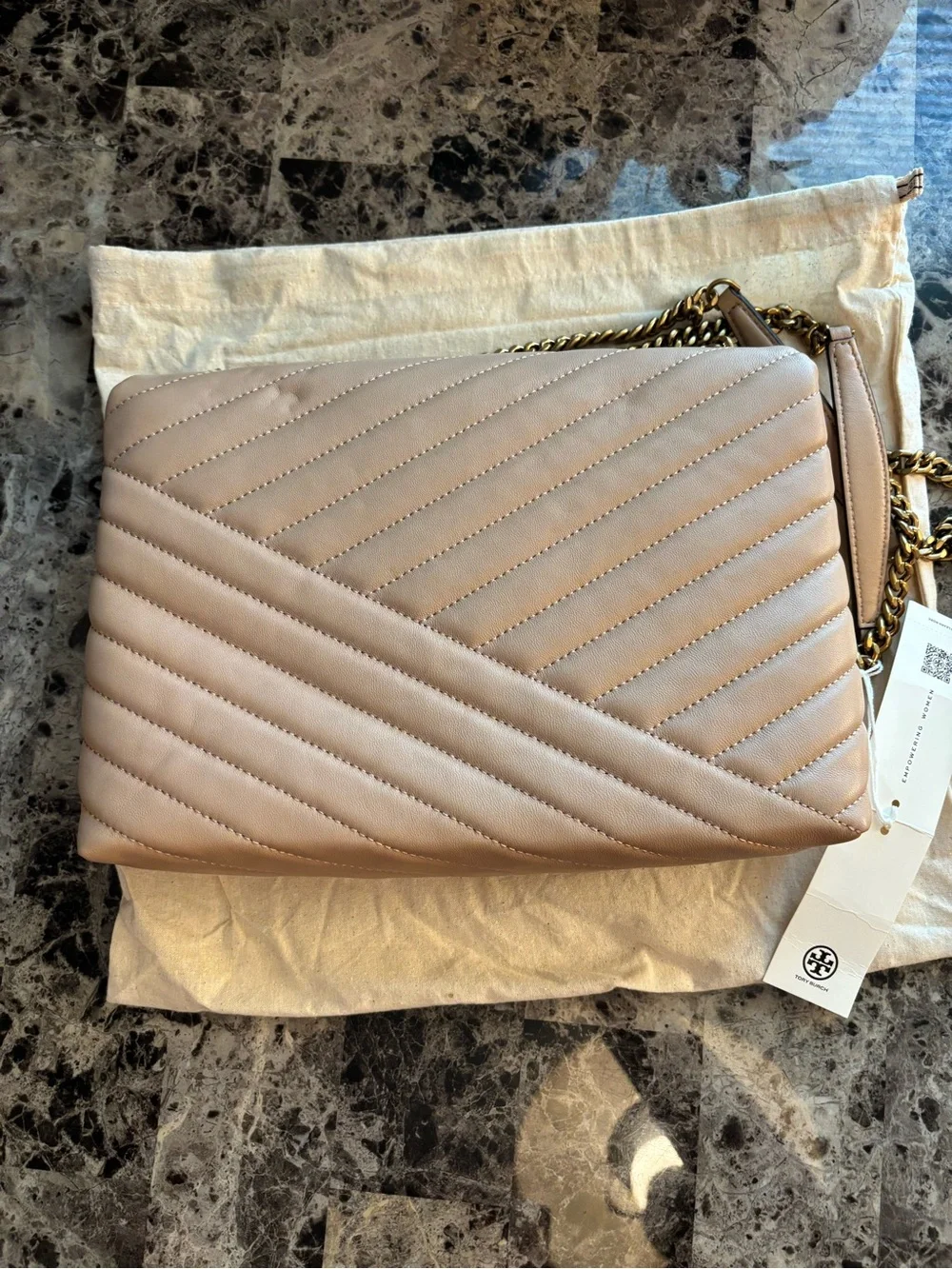 Tory Burch Quilted Blush Leather Shoulder Bag with Gold Chain